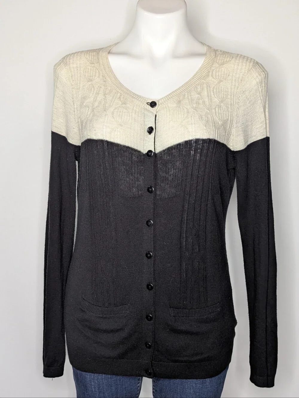 Anthro Sparrow Black White Lightweight Sheer Knit Button Up Cardigan Sweater L
